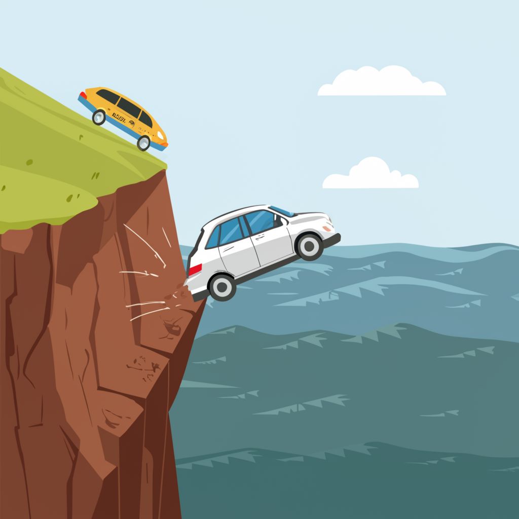 Car falling off the cliff with another car just at the edge of the cliff