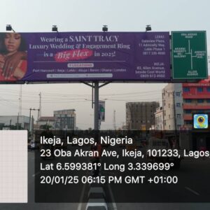 Gantry Billboard on Oba Akran Road in Ikeja, Lagos, displaying a luxury wedding and engagement ring advertisement.