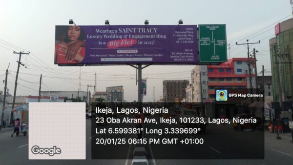 Gantry Billboard on Oba Akran Road in Ikeja, Lagos, displaying a luxury wedding and engagement ring advertisement.