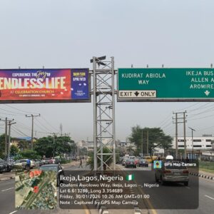 Gantry billboard on Obafemi Awolowo Way, Ikeja Lagos near Testing Ground Bus Stop.