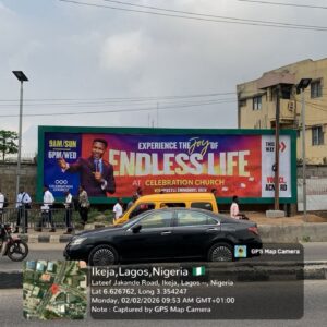 A wall drape billboard along lateef jakende road, Ikeja Lagos